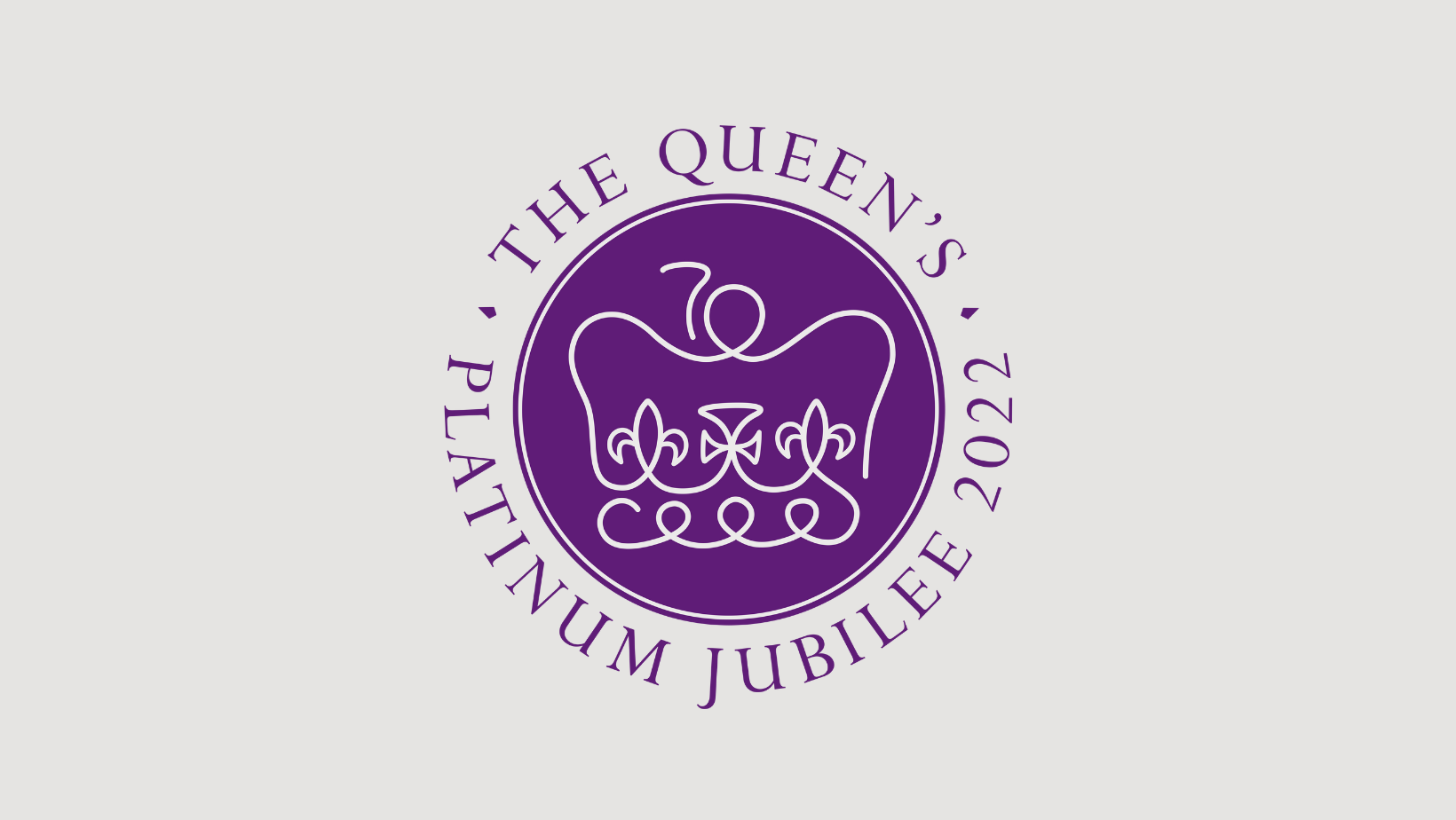 The Queen's Platinum Jubilee Emblem - The emblem features a purple and platinum design. The continuous platinum line reveals a stylised St Edward’s Crown, incorporating the number 70, on a round purple background associated with royalty and signifying a royal seal. The elegant font Perpetua, meaning forever, is an acknowledgement to the first British Monarch ever to mark 70 years on the throne.